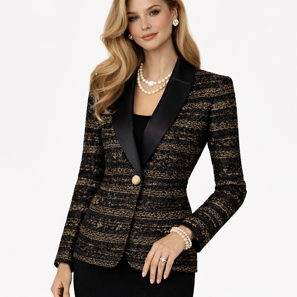 St. John Jackets & Blazers - ST JOHN Metallic Knit Jacket Satin Lapels Black Gold Silver 4 S